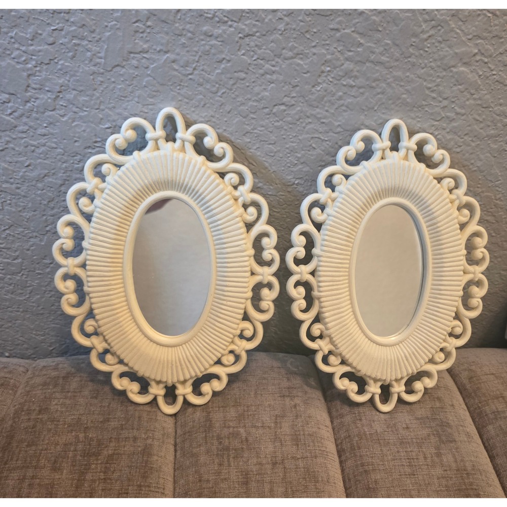 1978 Vintage Burwood Cream Oval Wall Mirrors Scrollwork Frame 9.5x7 Set of 2